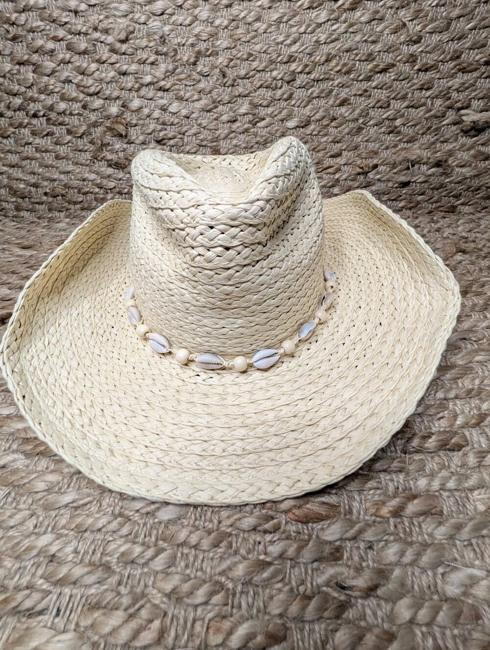 Natural Sea Shell Beaded Cowboy Cowgirl Straw Sun Hat Beach Summer Vacation Boho